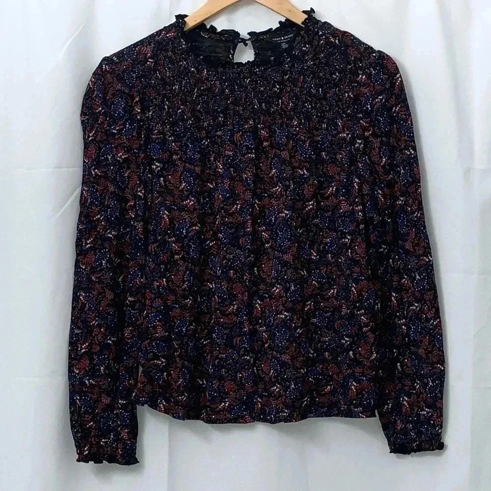 Lucky Brand Womens Small Navy Blue Floral Smocked Mock Neck Long Sleeve Blouse